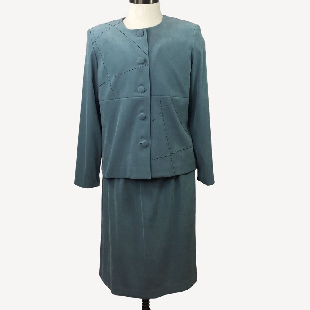 Vintage Leslie Fay Womens Faux Suede Jacket Skirt Suit Set Blue Office Size 16